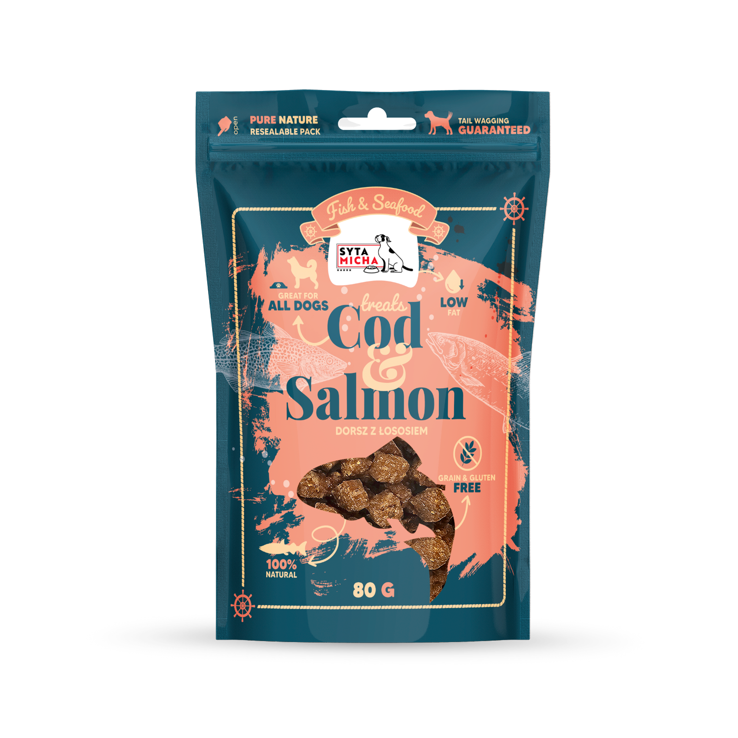 Syta Micha Fish & Seafood Lazacos jutalomfalatok kutyáknak, 80g
