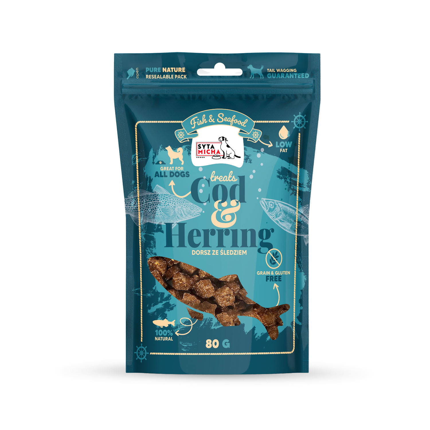Syta Micha Fish & Seafood Heringses jutalomfalatok kutyáknak, 80g