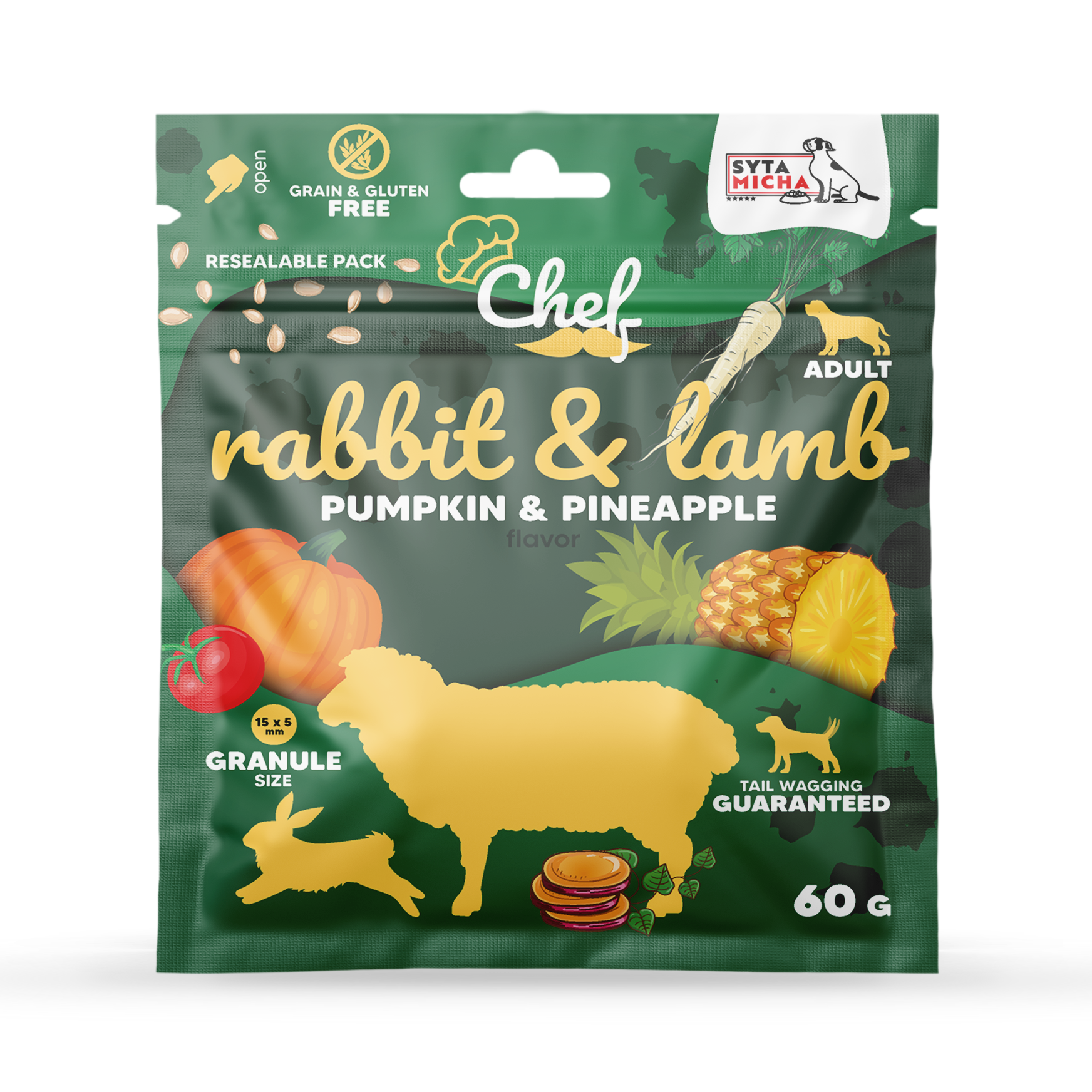 PRÓBKA Crocchette per cani Coniglio e agnello, zucca e ananas 60g