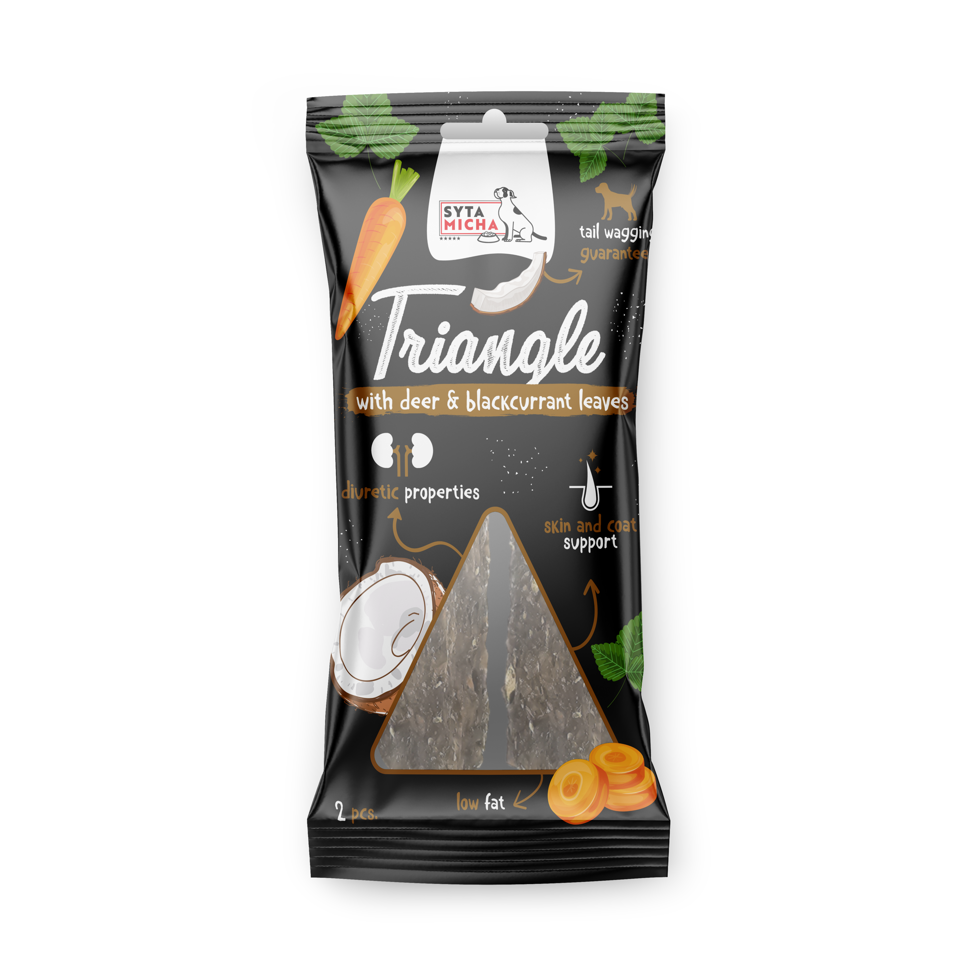 Trójkąt do żucia dla psa - jeleń z kokosem i liśćmi czarnej porzeczki 2 szt.
