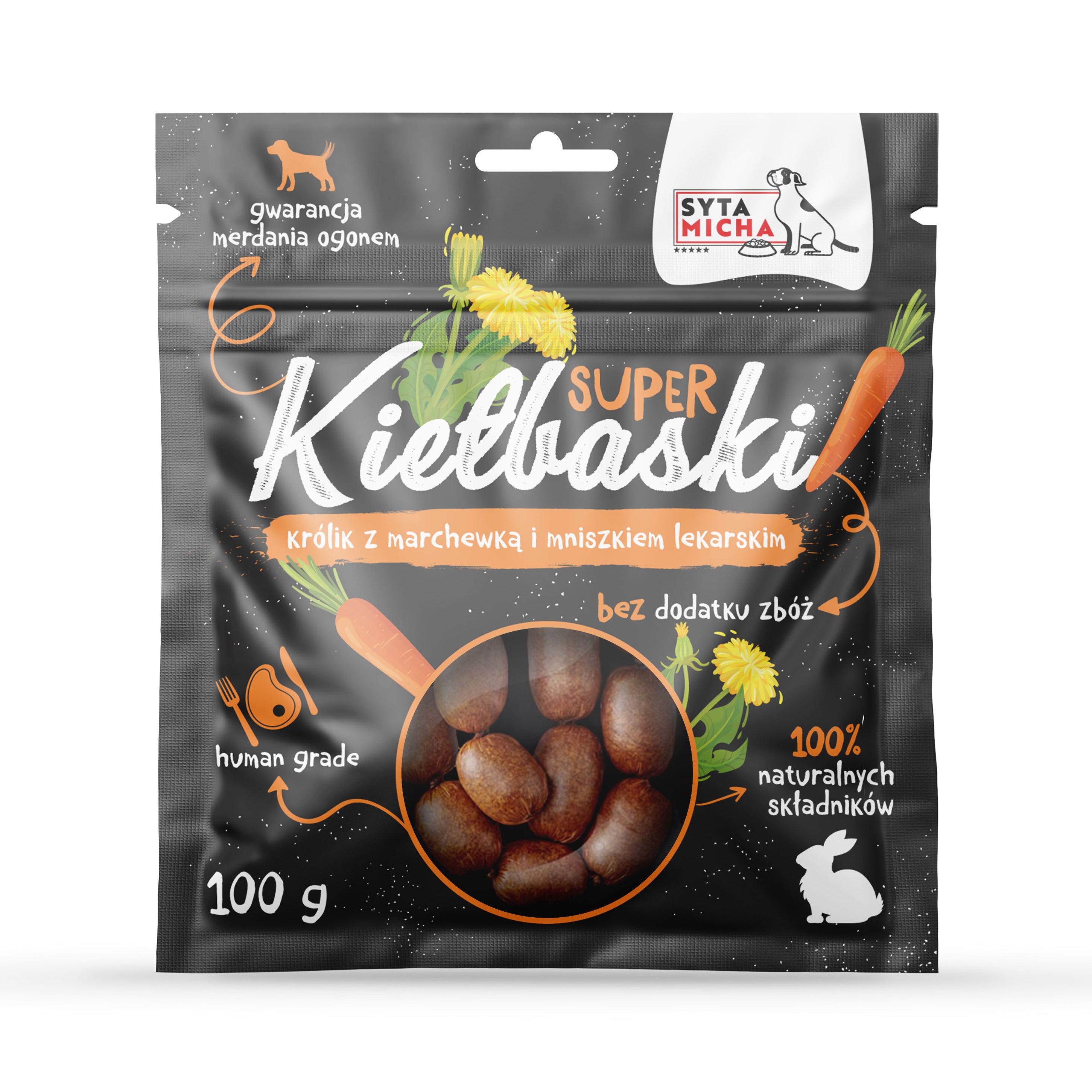 Szuper kolbász kutyáknak nyúlhússal, sárgarépával és gyermekláncfűvel 100g