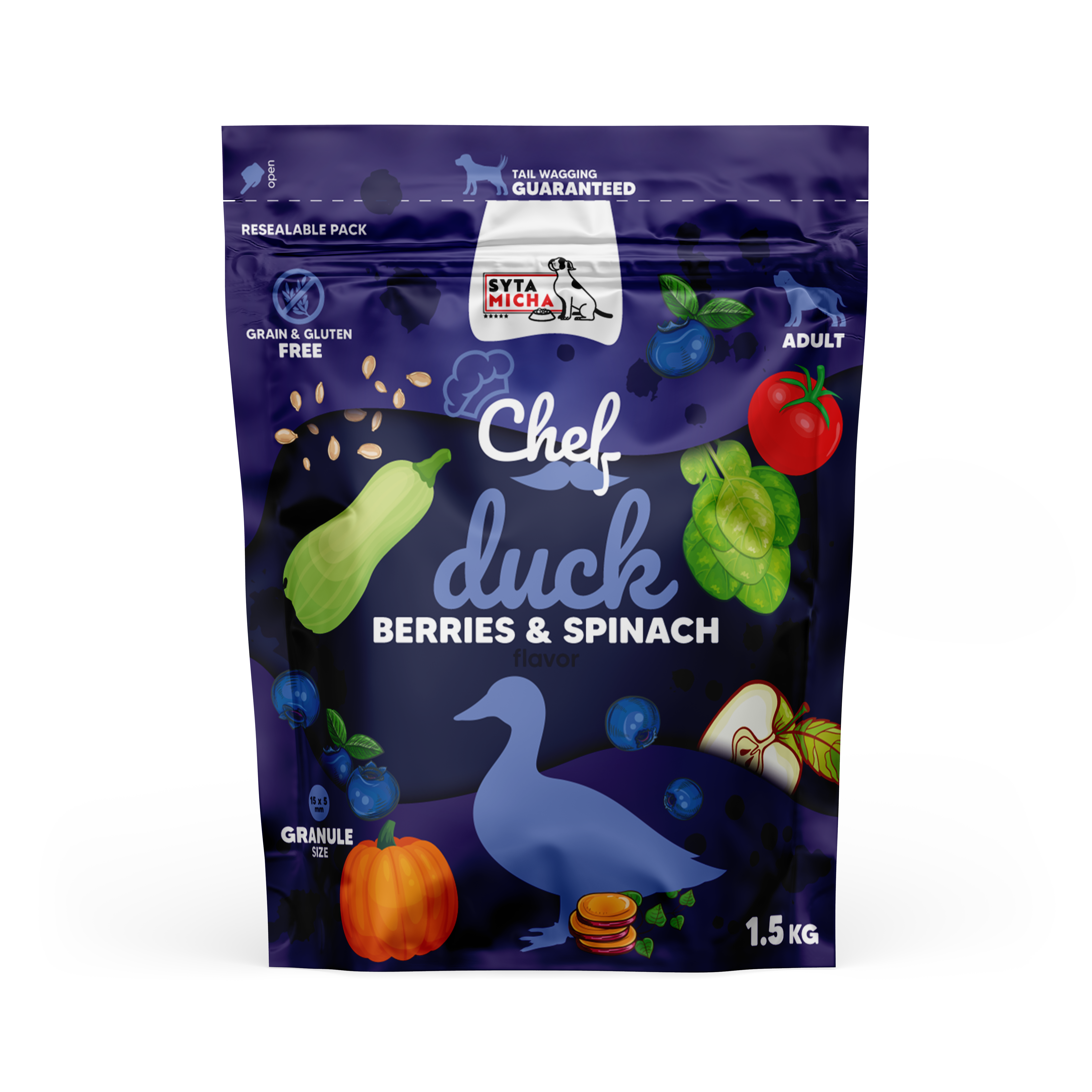 Cibo secco per cani Anatra, mirtilli e spinaci 1.5kg