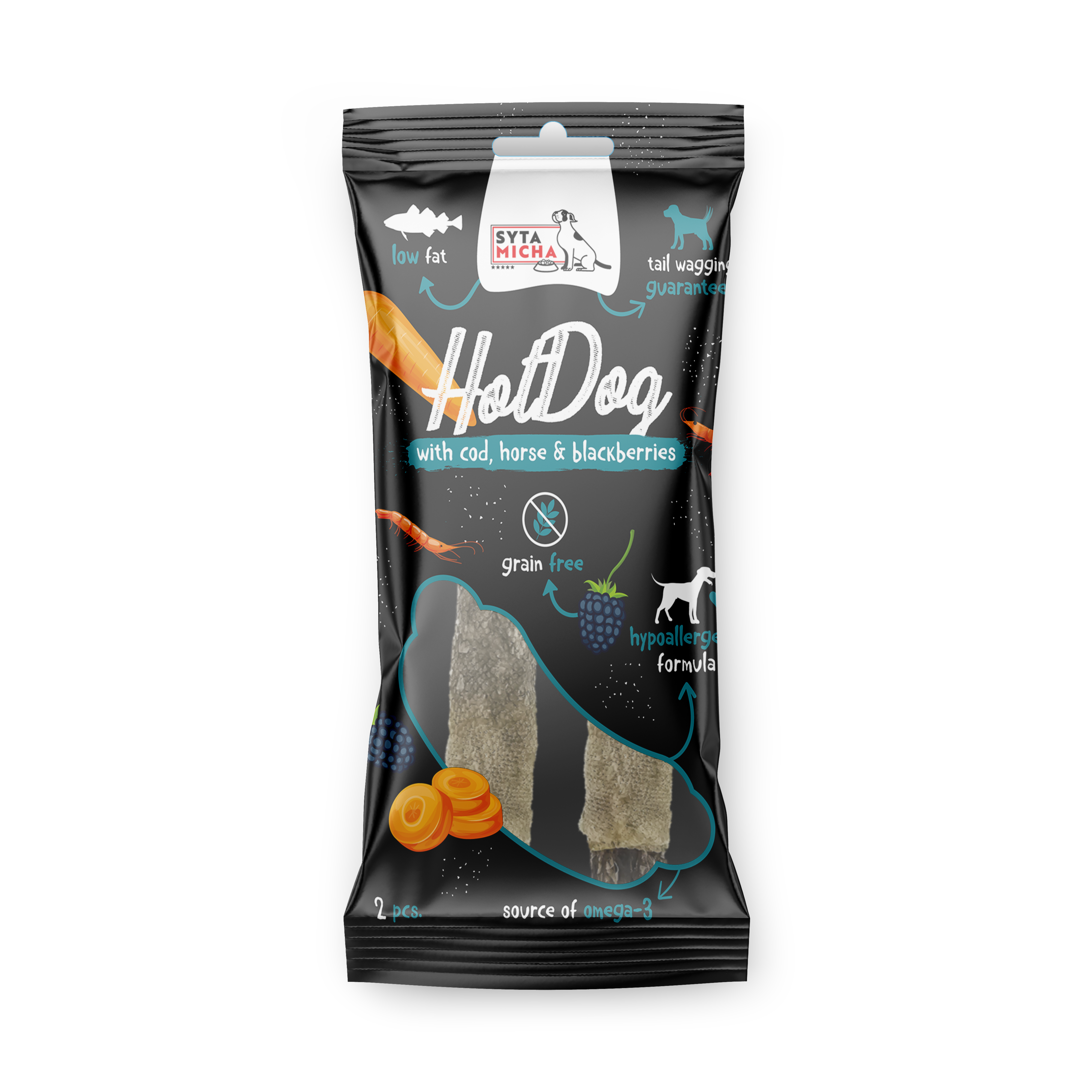 Hot Dog do żucia dla psa - konina z jeżynami w skórze z dorsza 2 szt.