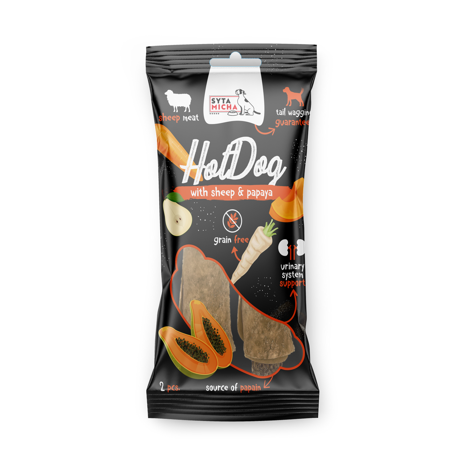 Hot Dog da masticare per cani - vegetale con papaya in pelle di pecora 2 pz.