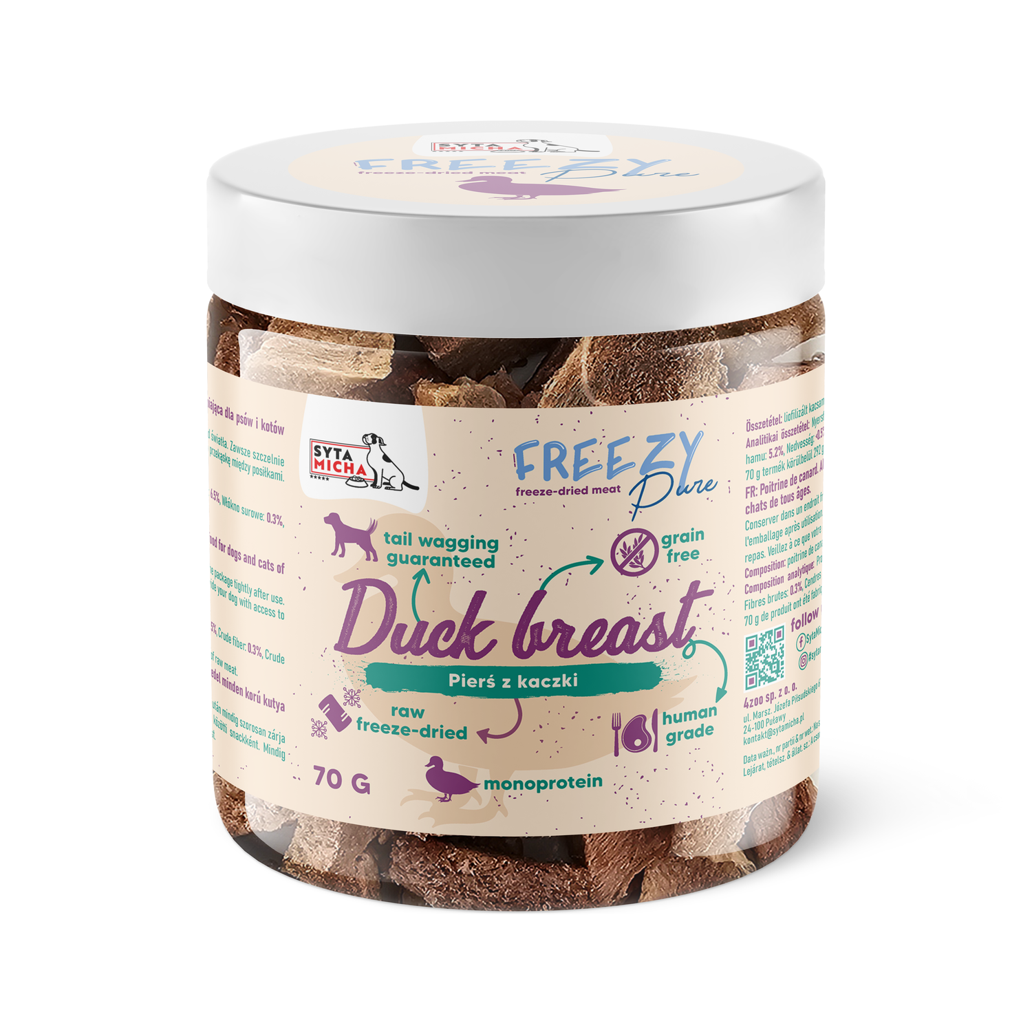 100% carne di anatra liofilizzata per cani 70g FREEZY Pure