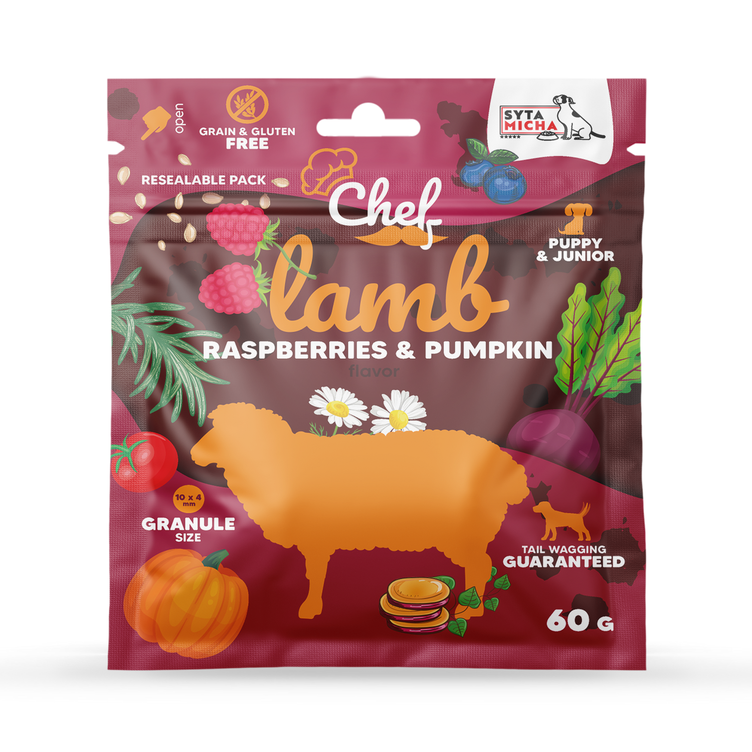 MINTA Száraz kutyatáp kölyköknek Bárányhús, málna és tök 60g