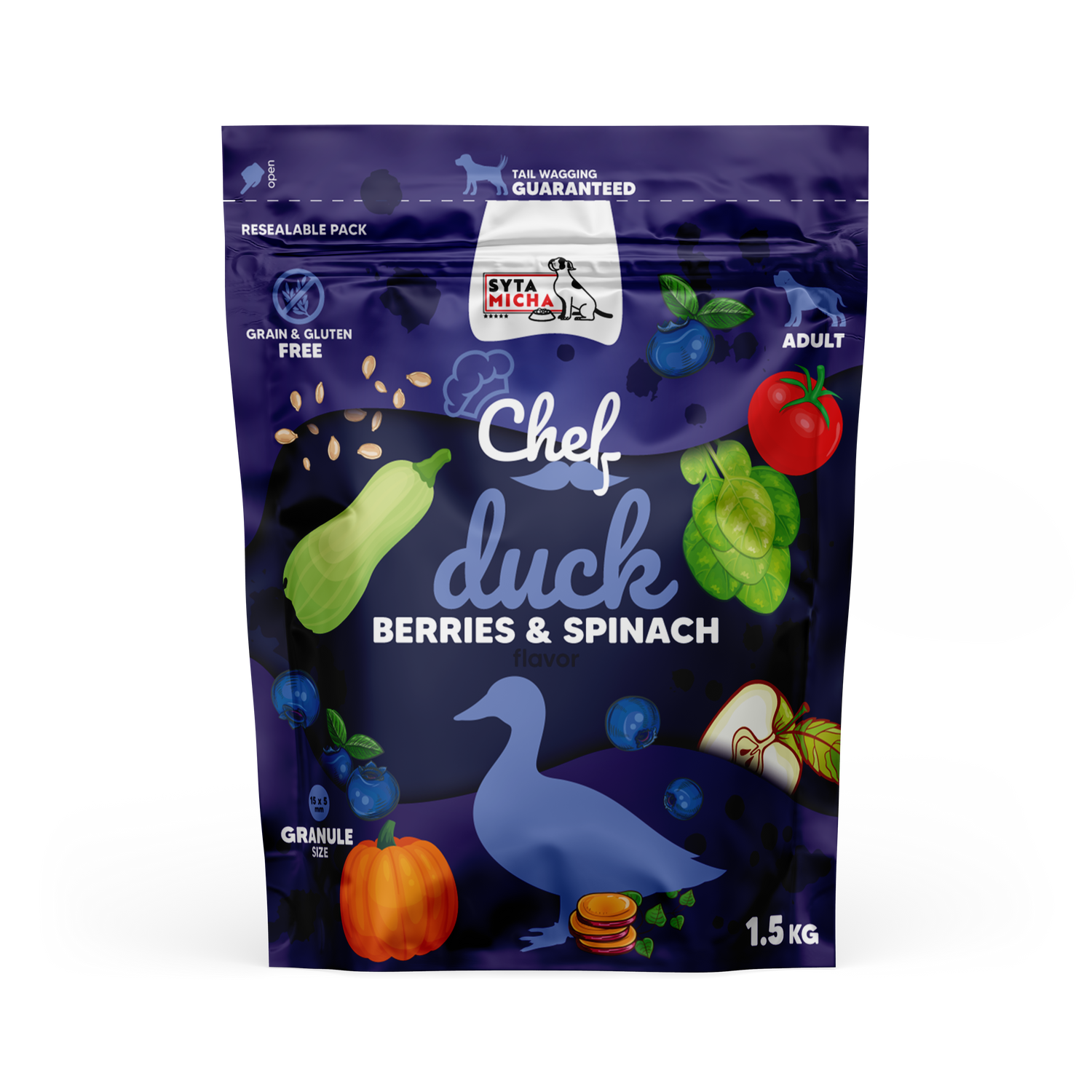 Száraz kutyatáp Kacsa, áfonya és spenót 1,5 kg