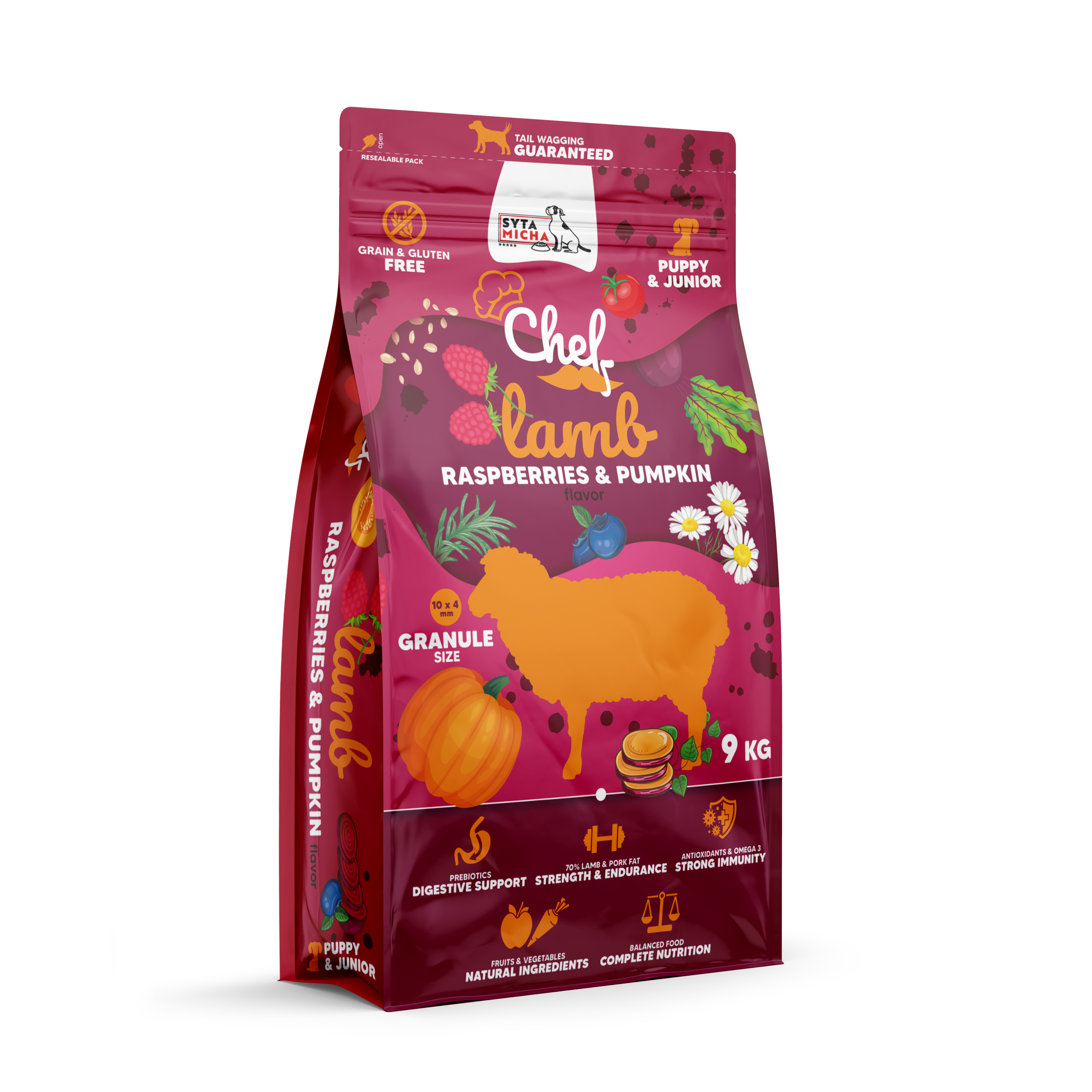 Sucha karma dla szczeniąt Jagnięcina, malina i dynia 9kg